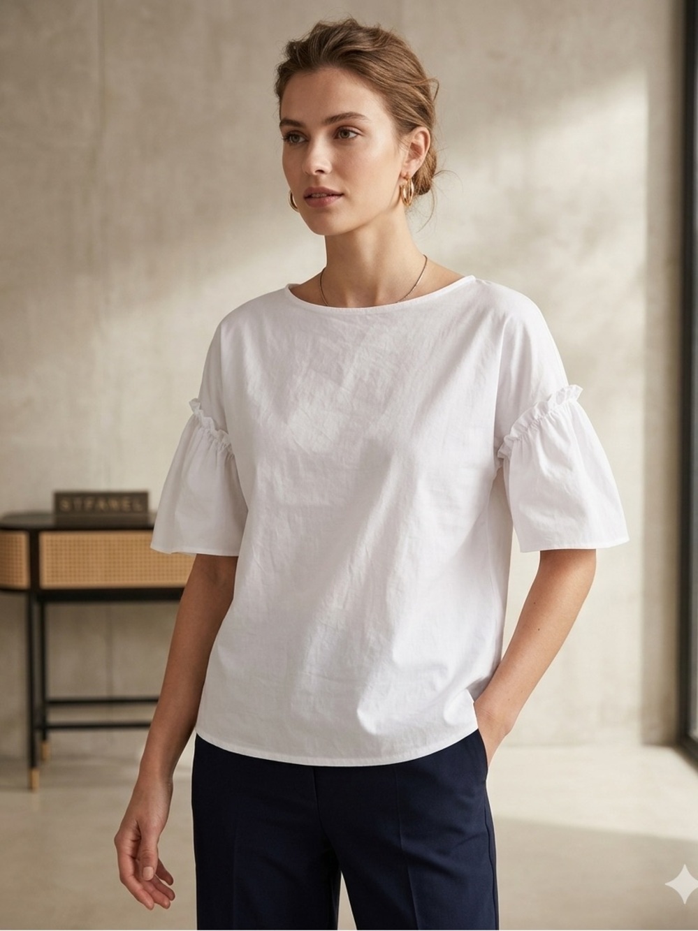 Stefanel White Ruffle Sleeve Blouse Italian Made Boatneck Top M